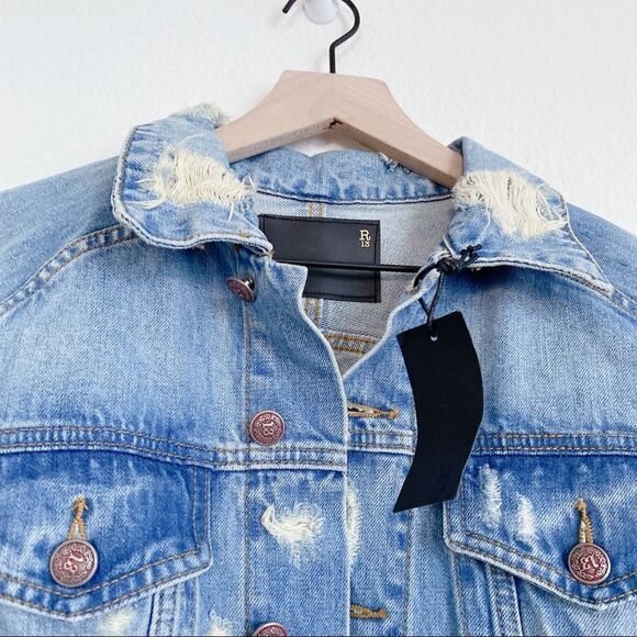 R13 Double Shredded Raglan Trucker Denim Jacket - Picture 11 of 12